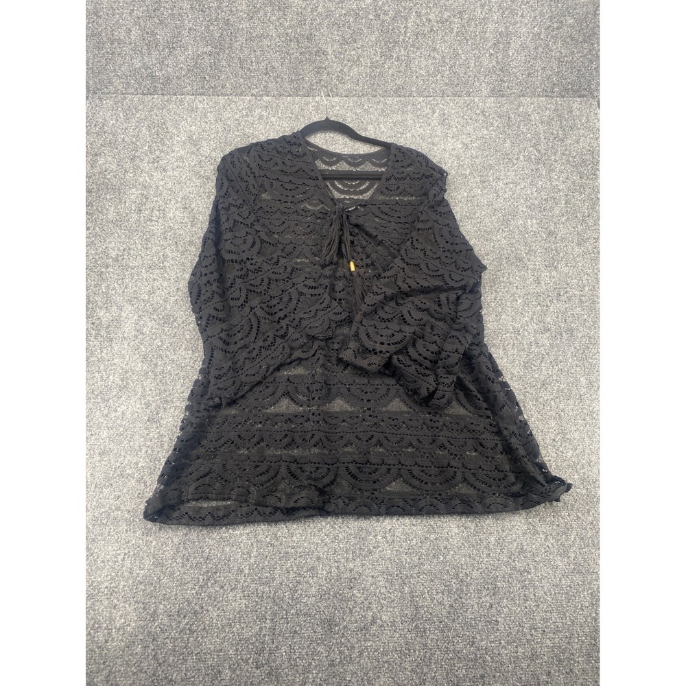 Unbranded Black Lace Swim Cover Up Top V-Neck Tassel Tie Sheer Beachwear Women L